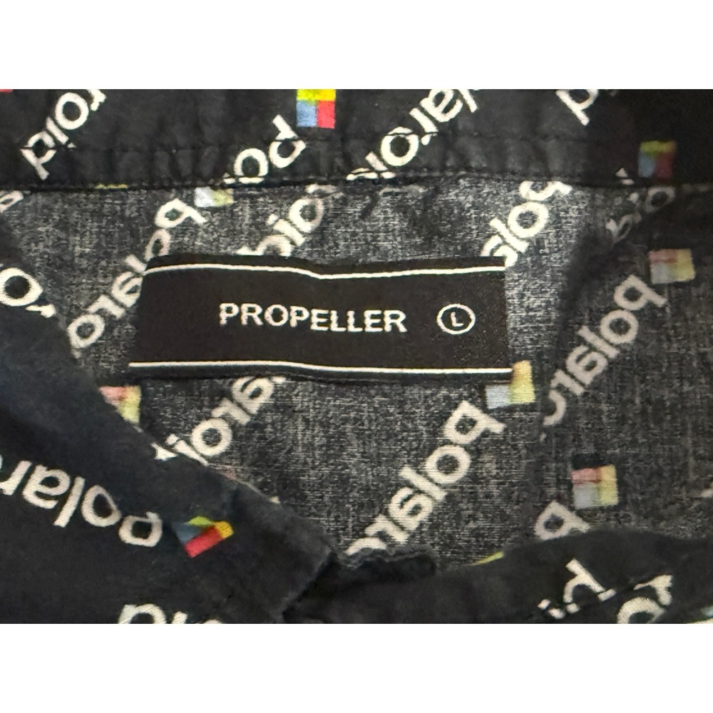 Propeller Polaroid Logo Button Down Shirt Mens Large Black Short Sleeve Retro - Picture 4 of 4
